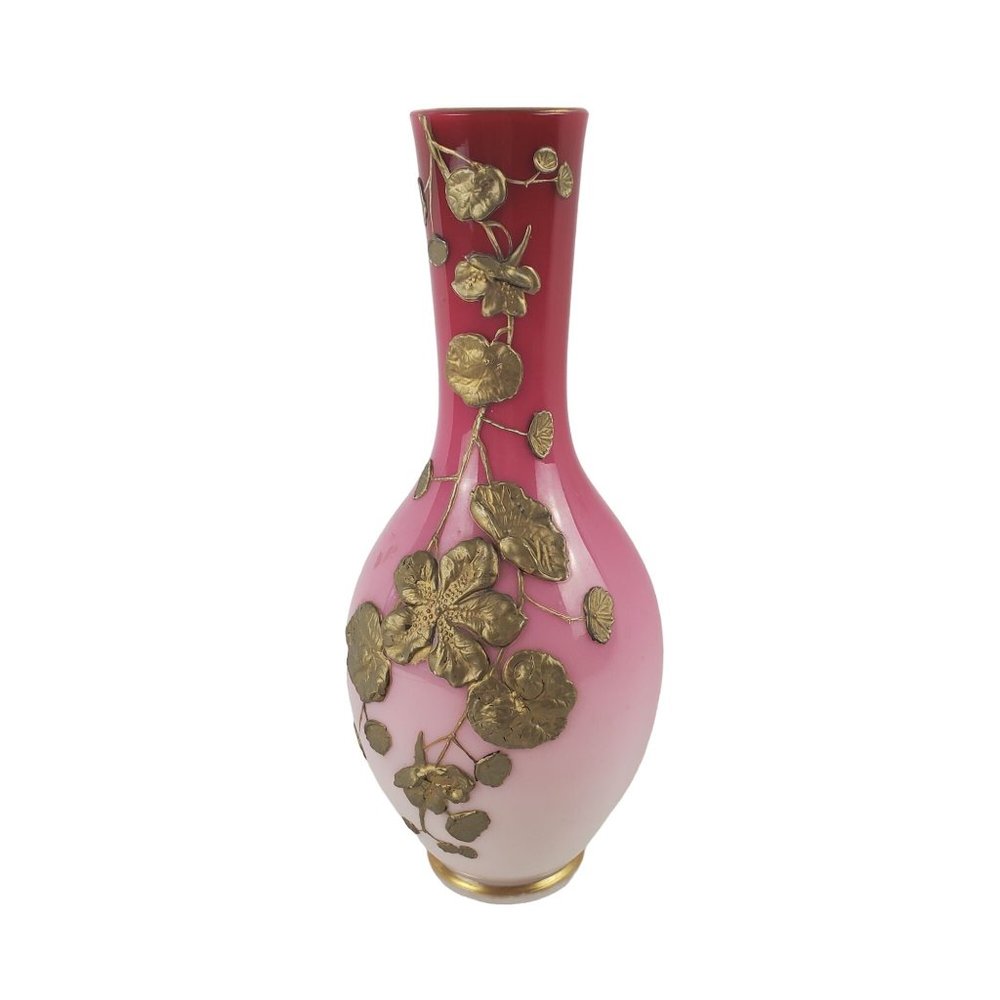Victorian Peachblow Glass Vase: Pink Enameled 10.5" Gold Gilt by Thomas Webb